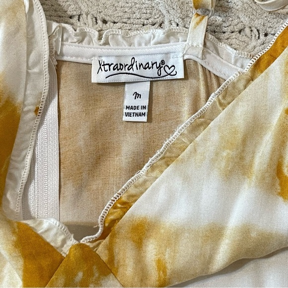 Xtraordinary Gold Zippered Ruffled Tie Dye Spaghetti Strap V Neck Short Dress - Picture 11 of 12